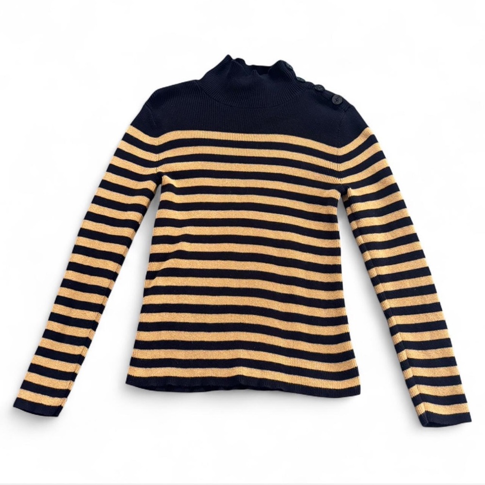 Vintage Ralph Lauren Navy and Shimmery Gold Striped Mock Neck Sweater